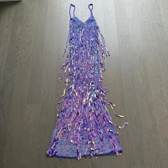 Retrofete Mevia Sequin Fringe Crochet Maxi Dress XS / SMALL - PURPLE- EUC - Picture 2 of 11